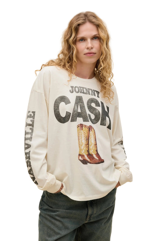 Daydreamer "Johnny Cash 1932 Boots Merch Long Sleeve Tee" Womens - Stone Vintage